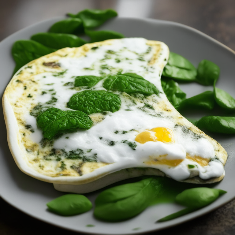 a delicious spinach and mushroom egg white omelette, with fresh herbs and a sprinkle of cheese, 4k