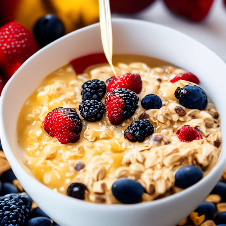 a bowl of overnight oats with fresh berries, almonds, and a drizzle of honey, 4k