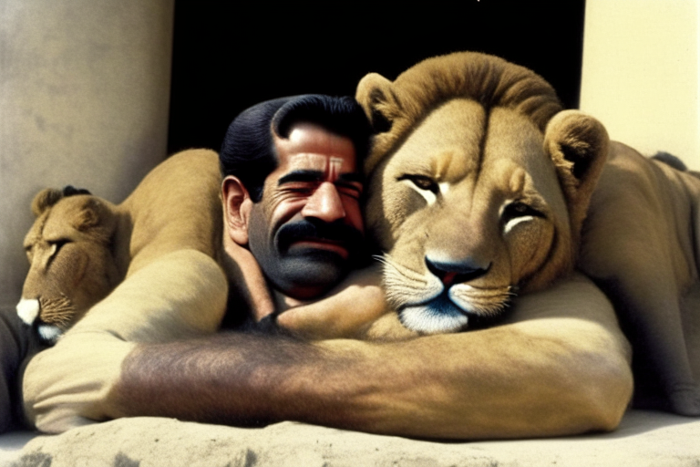 Saddam Hussain cuddling lions
