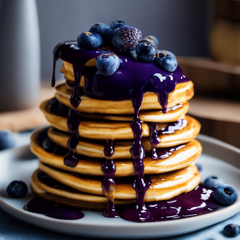 a stack of whole wheat banana pancakes topped with fresh blueberry compote and a drizzle of maple syrup, 4k