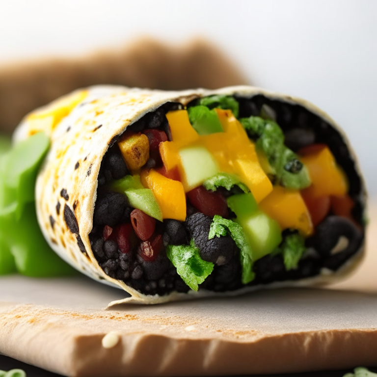 a delicious veggie breakfast burrito filled with black beans, avocado, and fresh veggies, 4k