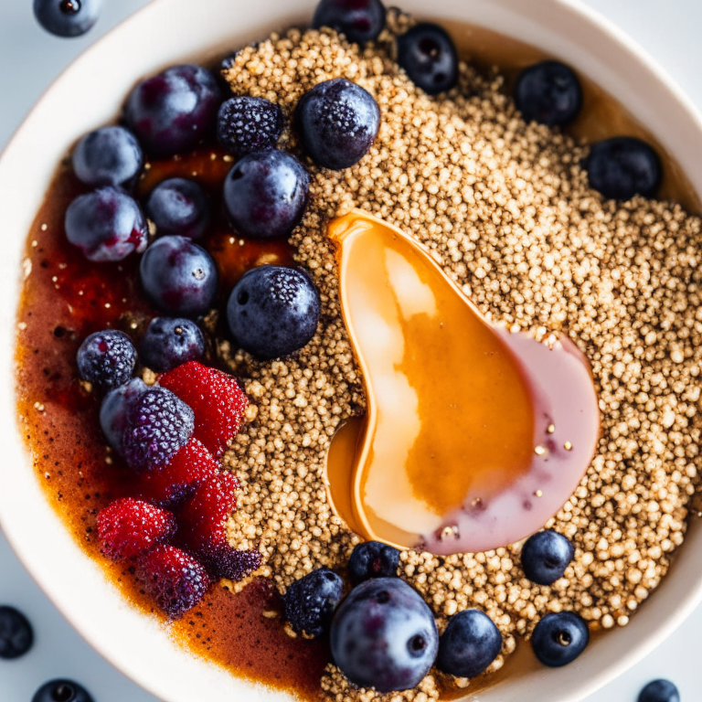 a quinoa breakfast bowl with mixed berries, almond butter, and a drizzle of honey, 4k