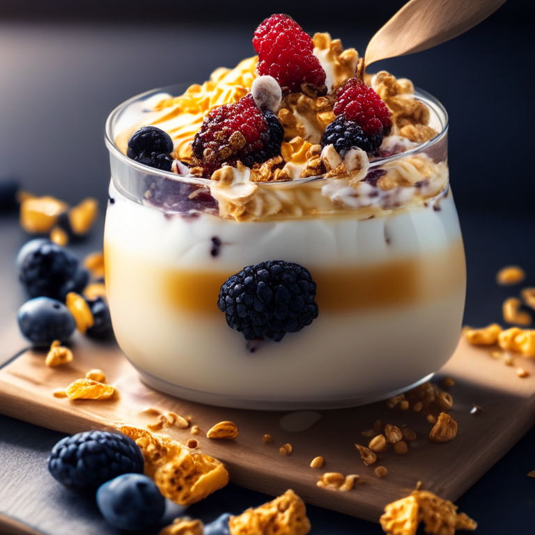 a Greek yogurt parfait with fresh berries, granola, and a drizzle of honey, 4k