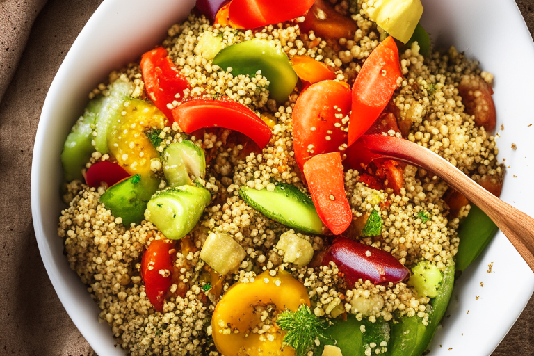 a quinoa salad with roasted vegetables, including bell peppers, zucchini, and cherry tomatoes, 4k