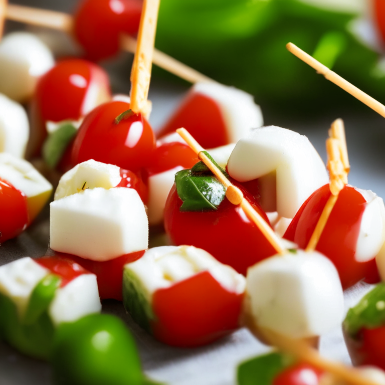 Caprese skewers with cherry tomatoes, mozzarella, and basil, close-up shot, 4k