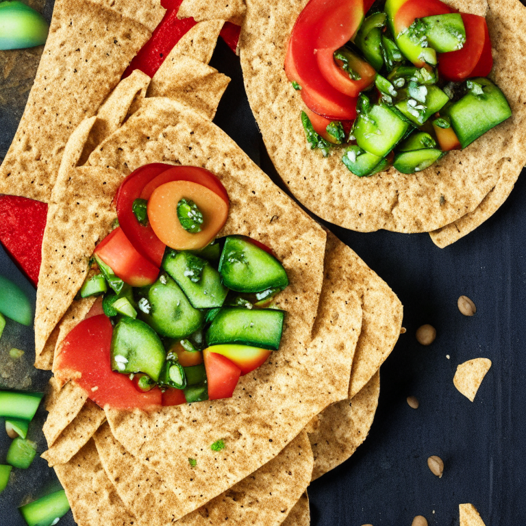 avocado and tomato salsa with baked whole wheat pita chips, top view, 4k