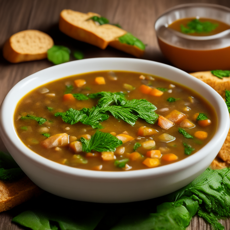 vegetable lentil soup with spinach, garnished with croutons and parsley, 4k