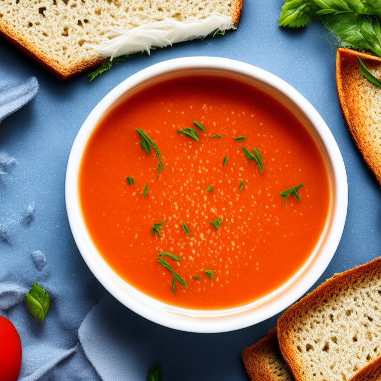 tomato basil soup with whole wheat grilled cheese, top view, 4k