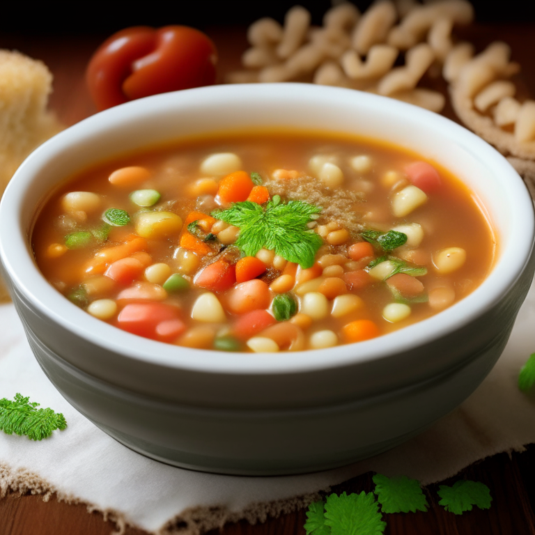 minestrone soup with whole grain pasta and beans, garnished with parmesan cheese and parsley, 4k