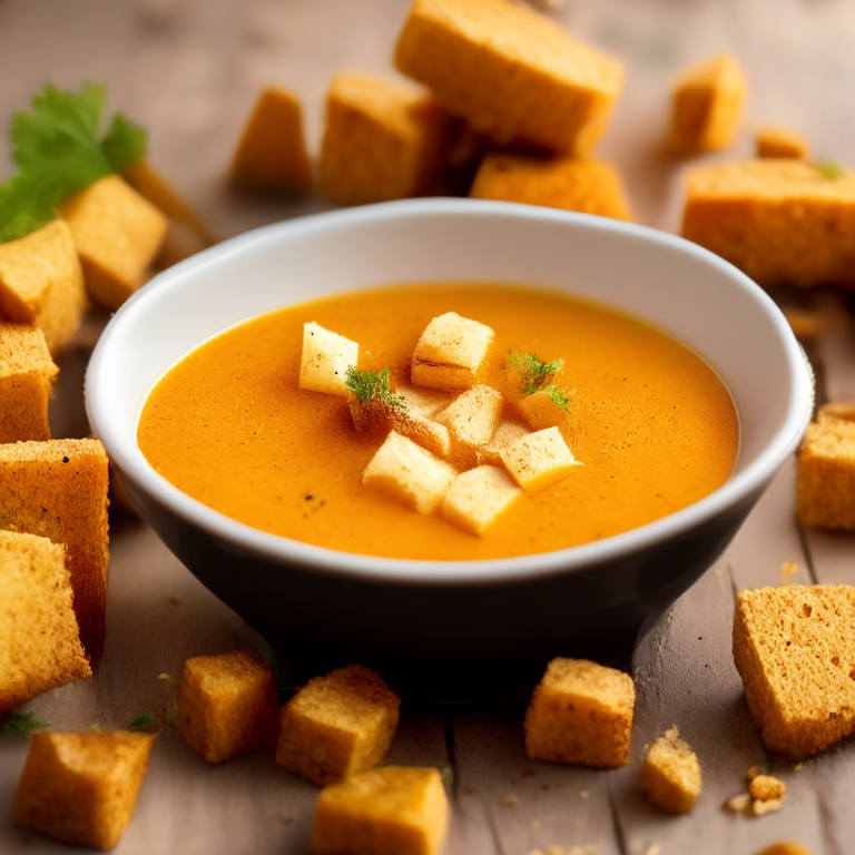 butternut squash soup with cinnamon and nutmeg, garnished with croutons and parsley, 4k