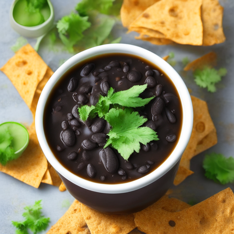 black bean and vegetable soup with lime crema, garnished with cilantro and tortilla chips, 4k