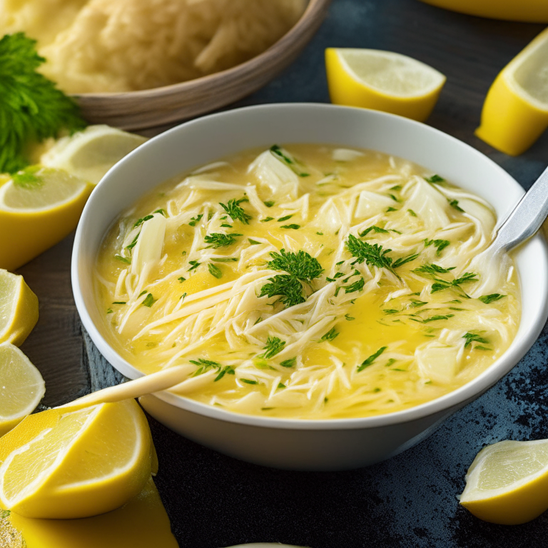 Greek lemon chicken soup with orzo, garnished with parsley and lemon wedges, 4k