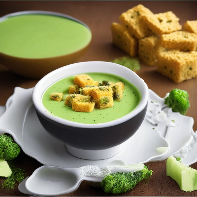 creamy broccoli soup with cheddar and almond croutons, garnished with parsley, 4k