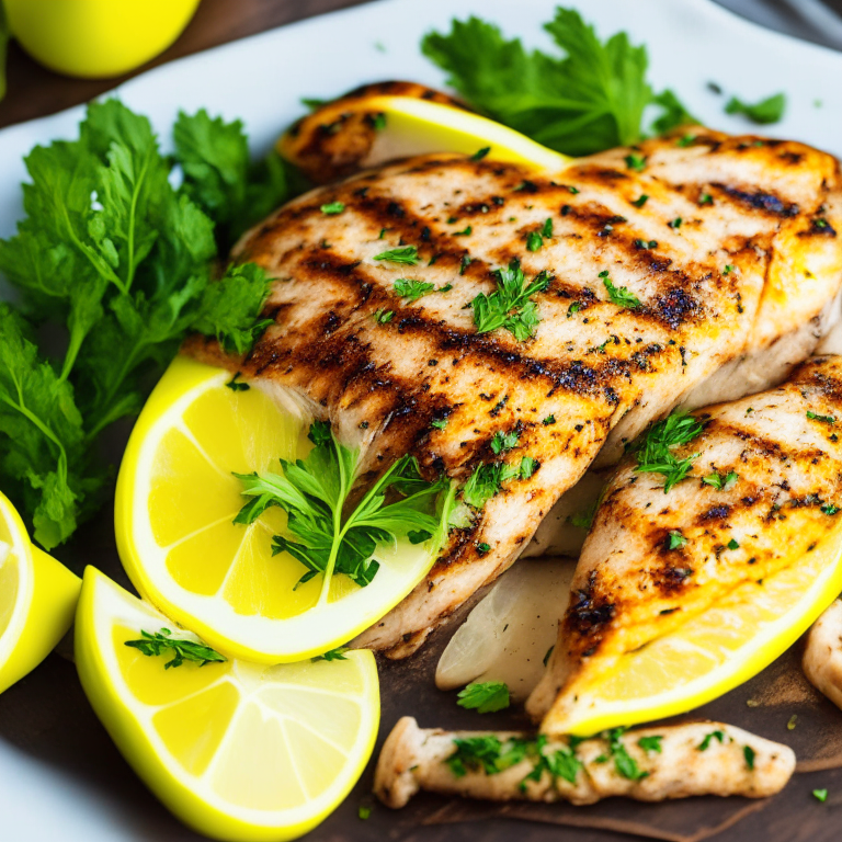 Lemon Herb Grilled Chicken, garnished with parsley and lemon wedges, 4k