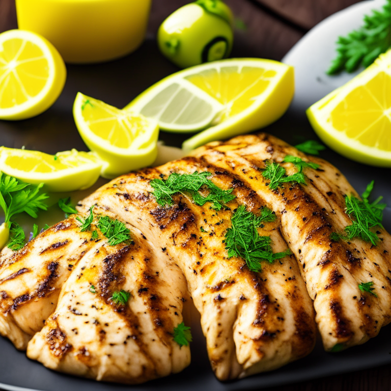 Lemon Herb Grilled Chicken, garnished with parsley and lemon wedges, 4k