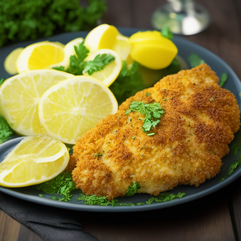 baked parmesan chicken, garnished with parsley and lemon wedges, 4k