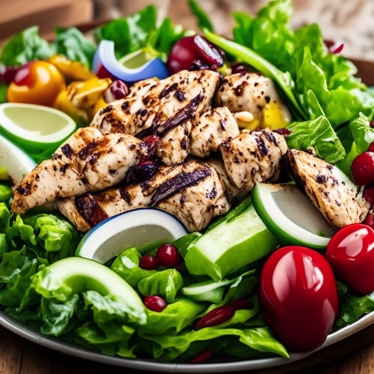 Mediterranean chicken salad with mixed greens, cherry tomatoes, cucumbers, red onions, feta cheese, olives, and grilled chicken, 4k