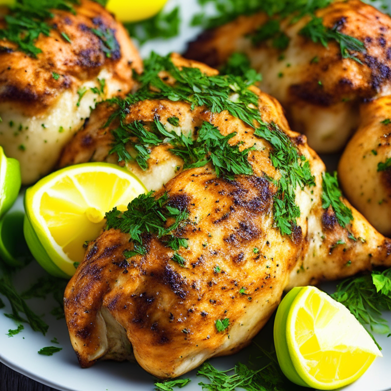 garlic and herb roasted chicken thighs, garnished with parsley and lemon wedges, 4k