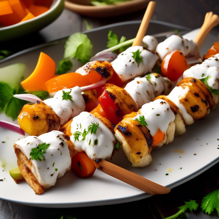 chicken and vegetable skewers with yogurt sauce, 4k