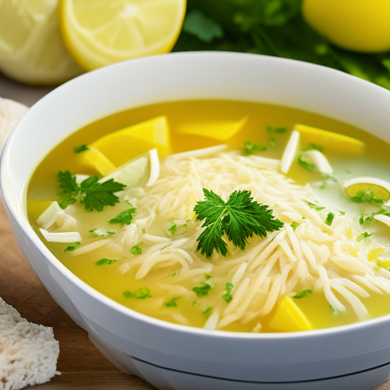 Greek lemon chicken soup with orzo, garnished with parsley and lemon wedges, 4k