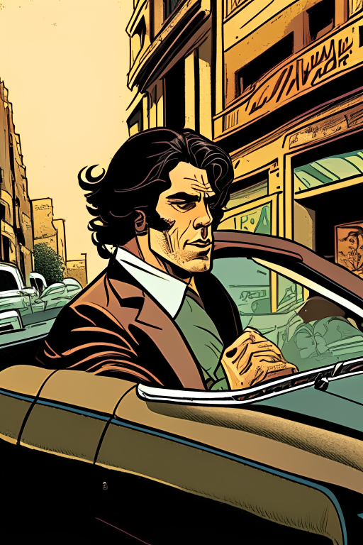 Comic-style, 30s dark haired man driving a 70s car down the street in San Francisco