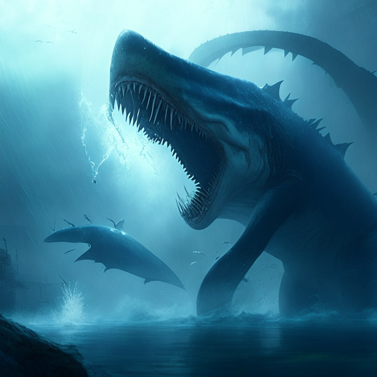 Carcharodon fights with a mosasaurus