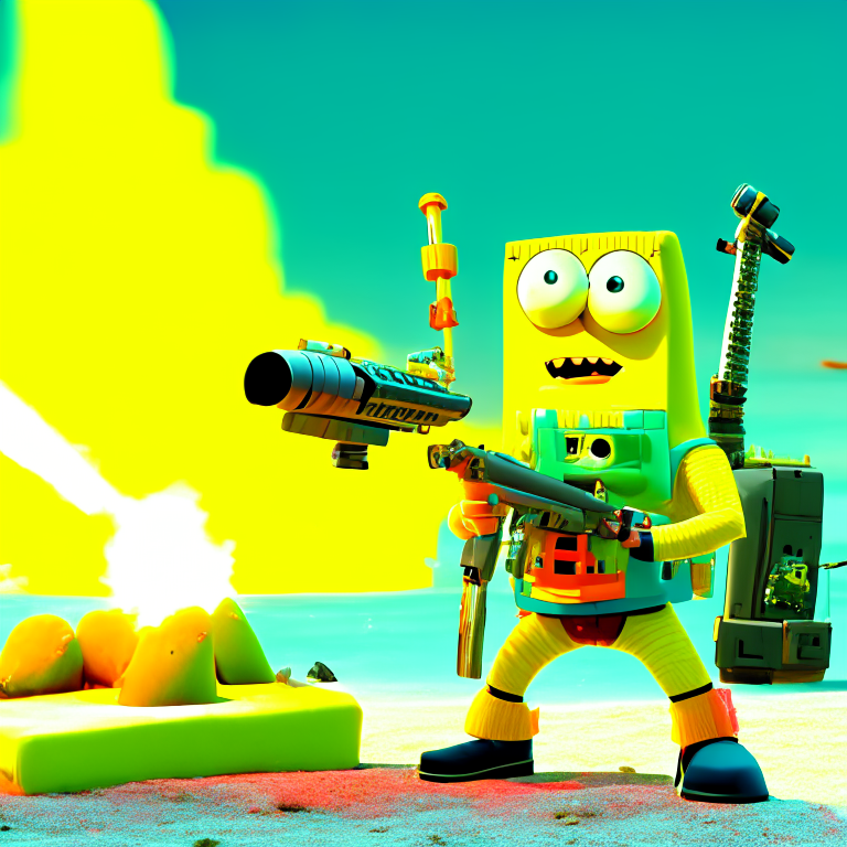 spongebob shoot with machine gun.