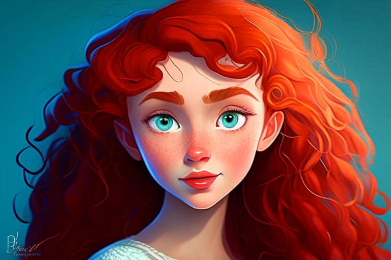 Elsa Ariel Bella Elena,red curly hair 18 years old woman portrait, cute, headåhones, 3d vector character : disney style : handpainted: digital art