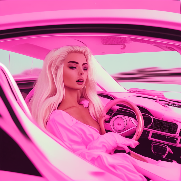 an analog video about a blonde girl driving a pink sport luxury car