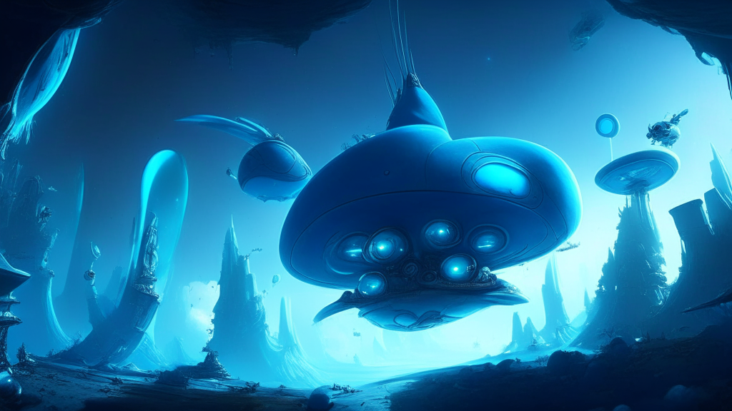 wide angle 35mm lens far distance shot of Smurfs flying interdimensional spaceship, concept art trending on art station