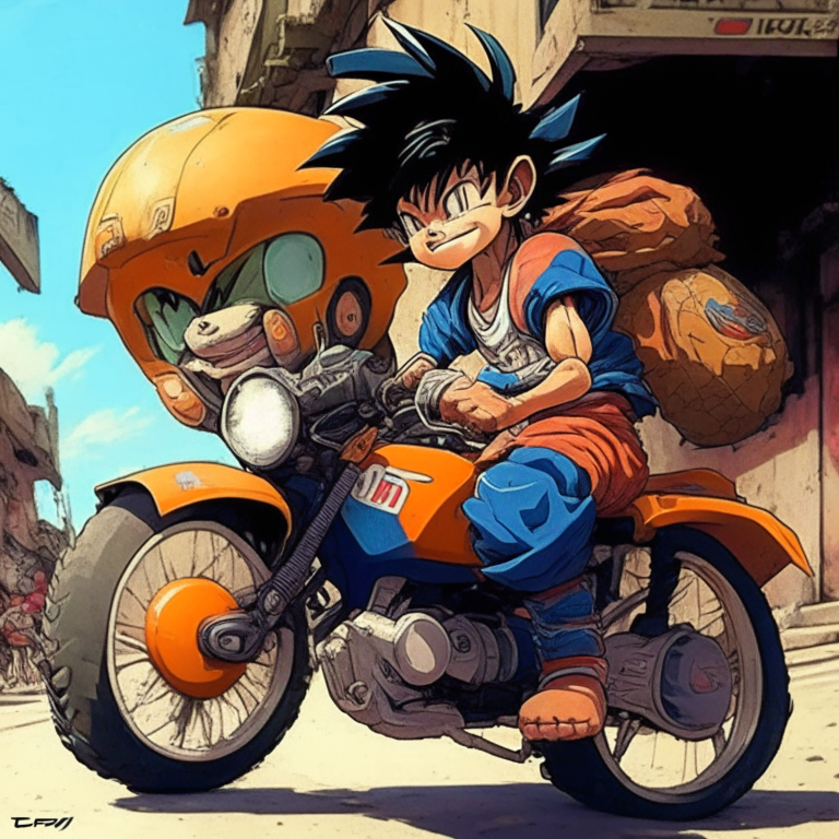 Goku (kid) até favela do carindé Riding a motorcycle with a fan