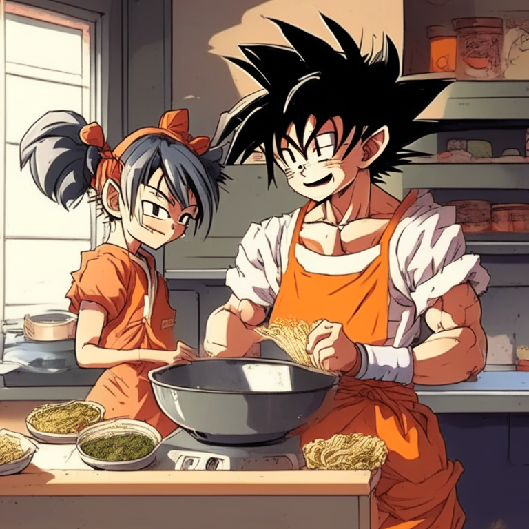 Goku (kid) AND A Girl In the Kitchen of a School Helping the Lunchman Make Ramen