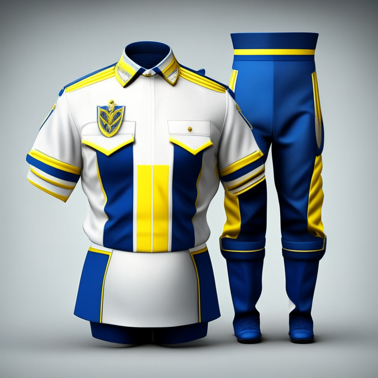 a uniform with blue, white and yellow