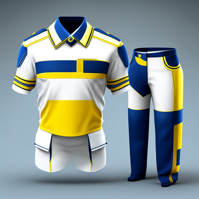 a uniform with blue, white and yellow