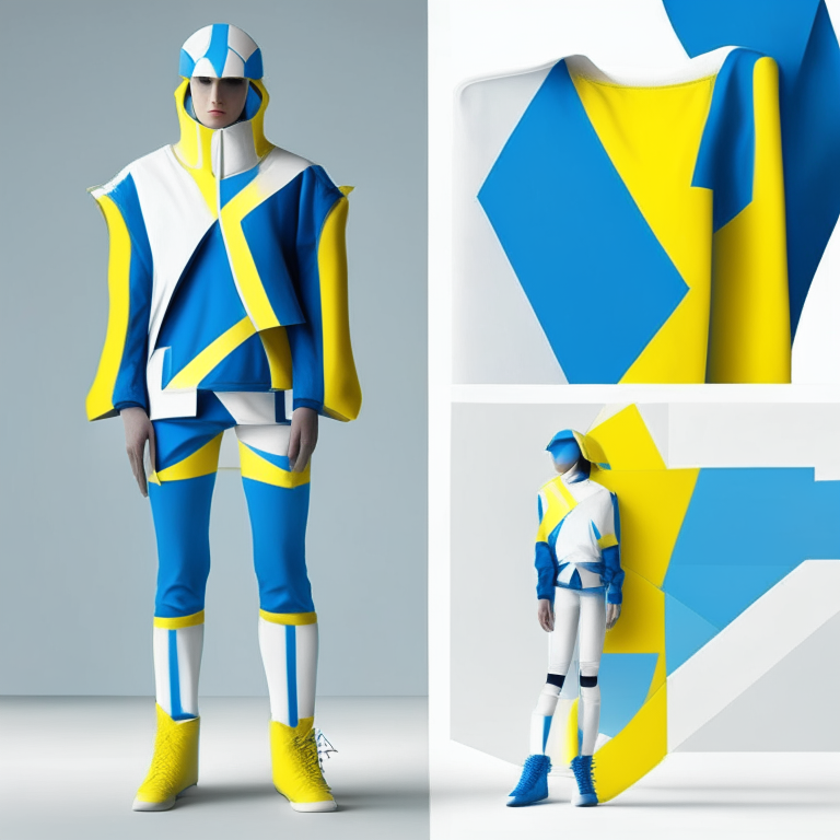 a creative uniform with marin blue, white and yellow for an art center of the future