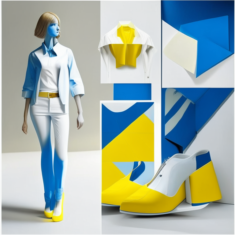 work clothe with marin blue, white and yellow for an art center of the future