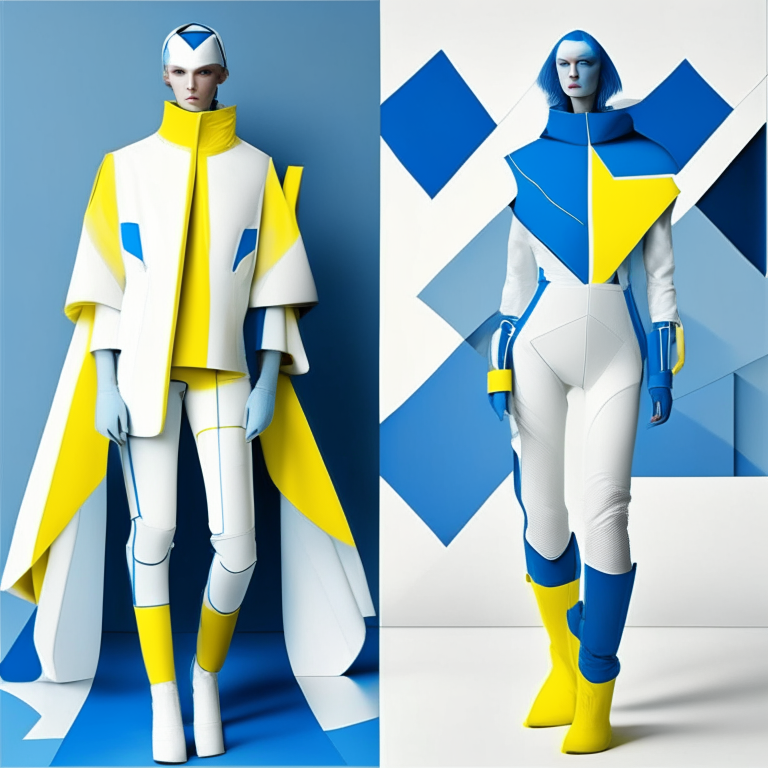 futurist clothes  with marin blue, white and yellow for an art center
