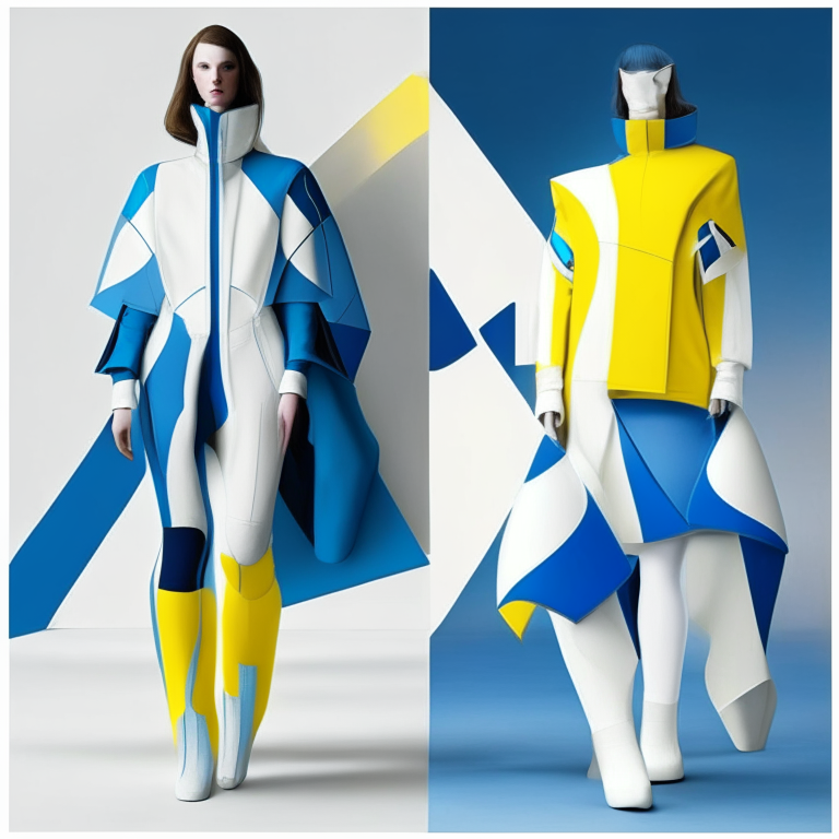 futurist clothes with marin blue, white and yellow for an art center