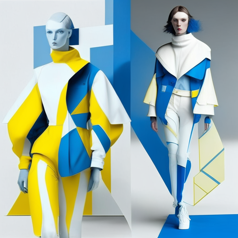 futurist clothes with marin blue, white and yellow for an art center