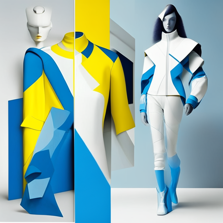 futurist clothes with marin blue, white and yellow for an art center