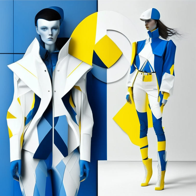 futurist clothes with marin blue, white and yellow for an art center