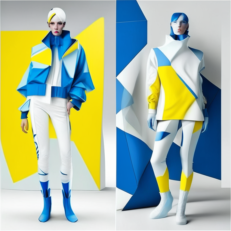 futurist clothes with marin blue, white and yellow for an art center