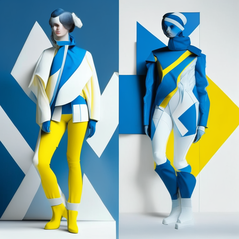 futurist clothes with marin blue, white and yellow for an art center