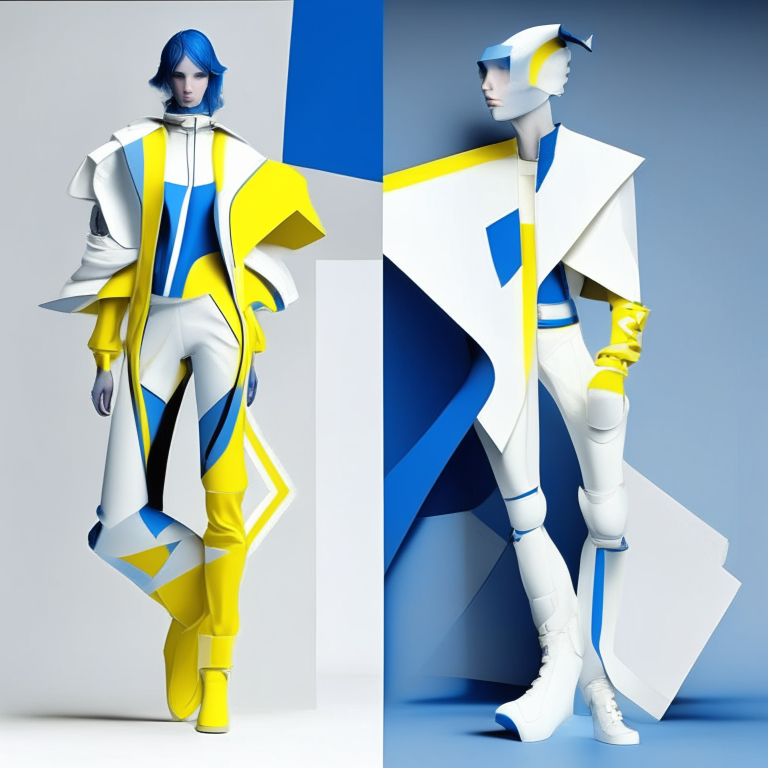 futurist clothes with marin blue, white and yellow for an art center