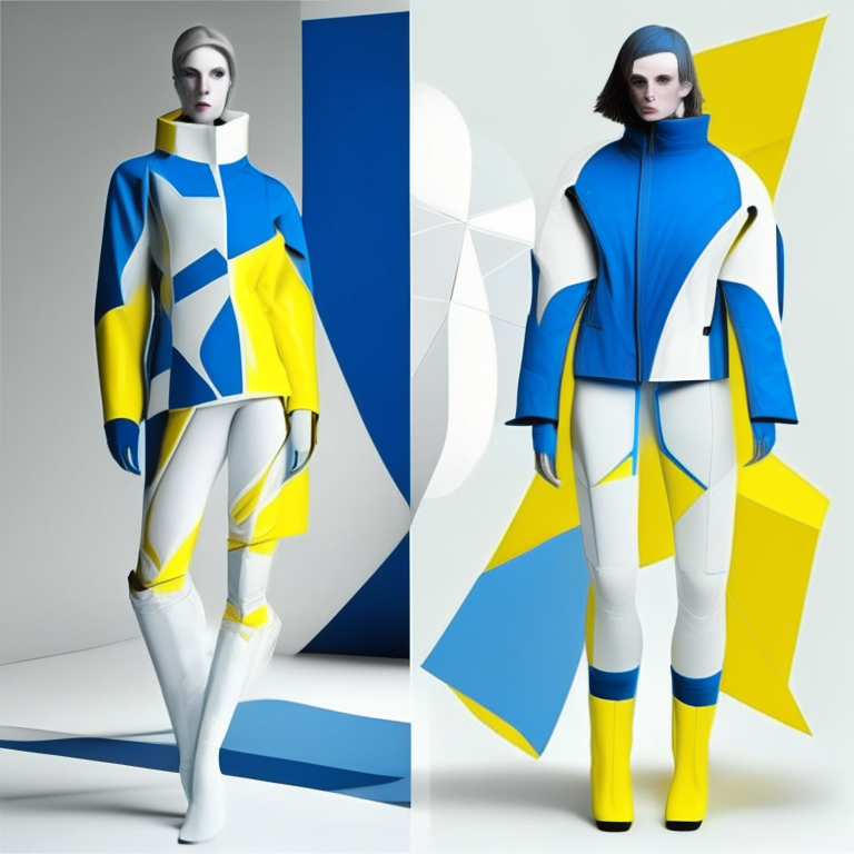 futurist clothes with marin blue, white and yellow for an art center