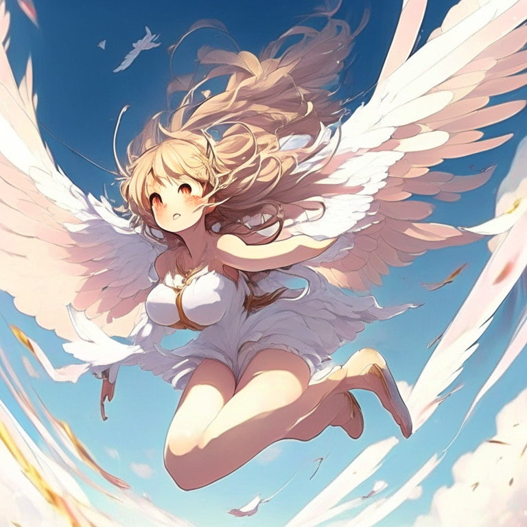 Beautiful anime angel, flying 