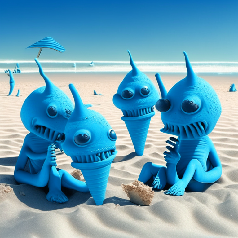 blue aliens eating ice cream cones on the beach