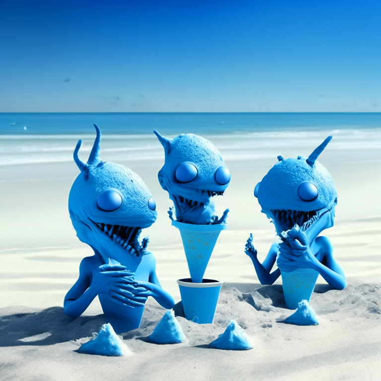 blue aliens eating ice cream cones on the beach