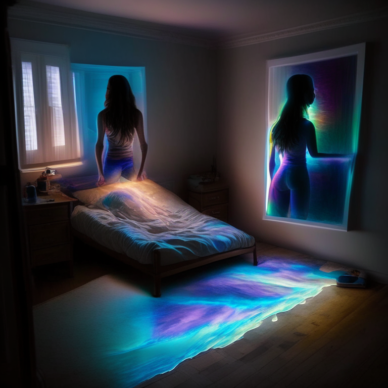 Una habitación tenuemente iluminada con pantallas holográficas parpadeantes. La cámara enfoca el rostro de una mujer androide. Resolución de 8k, obra maestra de arte desviada, trazos pesados. , pintura al óleo, trazos pesados
