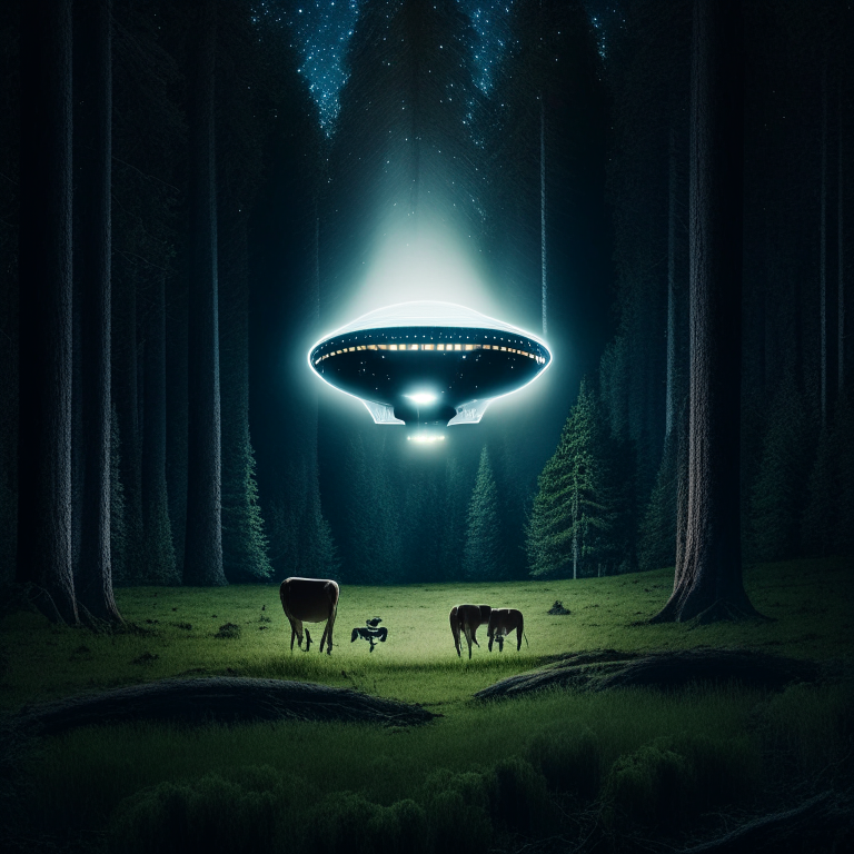 a flying saucer beaming up a cow in a forest at night